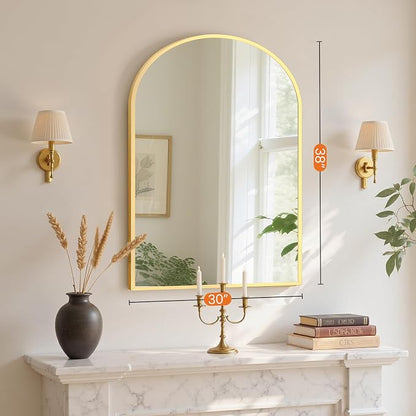 Sweetcrispy 38x30 Bathroom Mirrors for Wall, Arched Mirror for Over Sink | Metal Framed HD Shatter-Proof Glass, Decor Wall Mirror for Entryway, Living Room, Bedroom, Gold