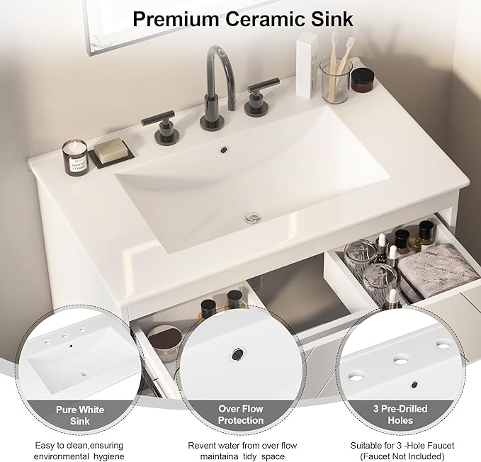 Floating Vanity with Sink 30", Bathroom Vanities Cabinet with White Ceramic Sink, 2 Large Storage Drawers with Soft-Close System, Wall Mounted, Easy Cleaning