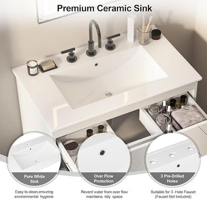 Floating Vanity with Sink 30", Bathroom Vanities Cabinet with White Ceramic Sink, 2 Large Storage Drawers with Soft-Close System, Wall Mounted, Easy Cleaning
