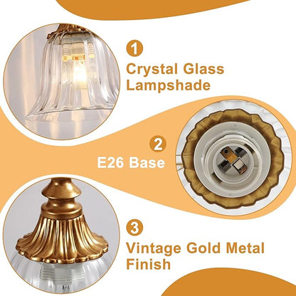 Bathroom Vanity Gold Light Fixture, 2 Lights Bathroom Lighting Matte Antique Brass Finish with Crystal Glass Shade, Gold Vintage Vanity Light for Bathrooms