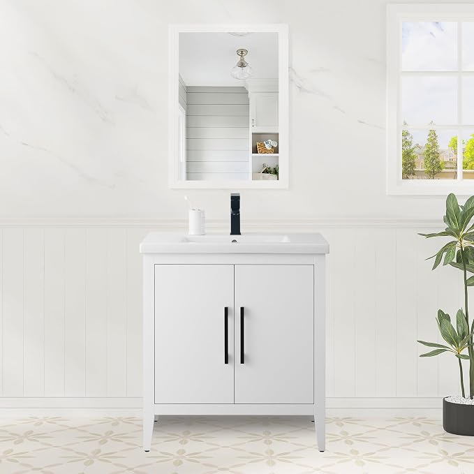 30 Inch Bathroom Vanity with Sink & Ceramic Top, Single Vanity Cabinet with Basin, Soft-Closing Doors & Matte Black Hardware, White