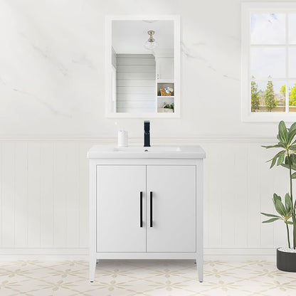 30 Inch Bathroom Vanity with Sink & Ceramic Top, Single Vanity Cabinet with Basin, Soft-Closing Doors & Matte Black Hardware, White