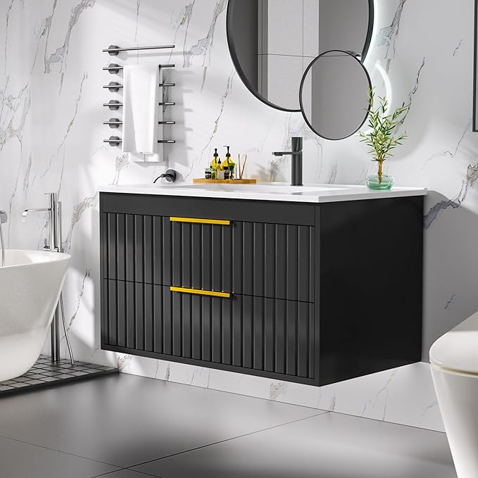 30" Bathroom Vanity with Sink, Floating Vanity Bathroom Sink Cabinet Wall Mount, Soft-Close Function 2 Large Drawers, Grooved Stripe Design, Hidden Damping Drawers, Black