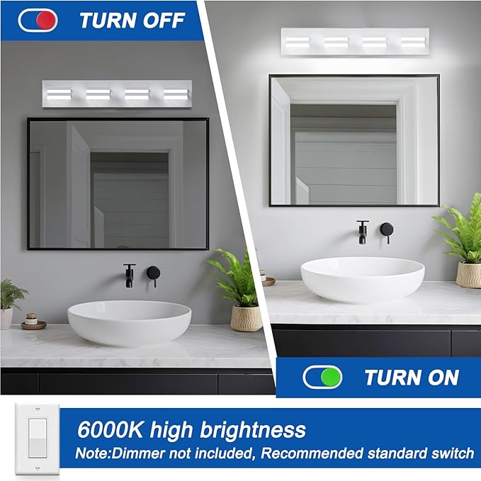 IZORRO LED Modern Bathroom Lights Fixtures(4-Light,Dimmable),Matte White Acrylic Wall Lighting,Vanity Lights for Bathroom Over Mirror - 6000k 24In （No Assembly Required）