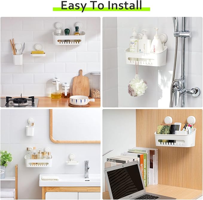 Uten Bathroom Suction Cup Shower Shelf 3-in-1 Wall Mounted Shower Basket Toothbrush Holder No Drill Hanging Rack Removable Shower Caddy Toilet Storage Rack Organizer