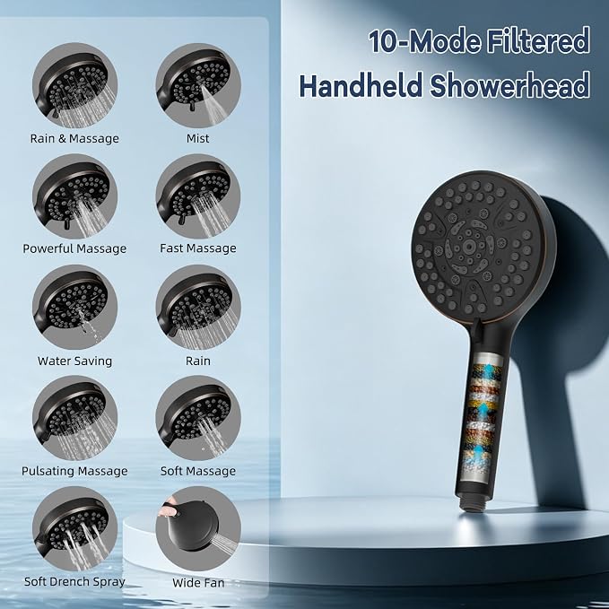 Hibbent 10'' Dual-Filter Showerhead & 10-Mode Handheld, Oil-Rubbed Bronze | All Metal Stainless Steel Rain Showerhead, 4-way Diverter, Heightened All Metal Extension Arm, 71'' Hose & Holder, Easy Reach