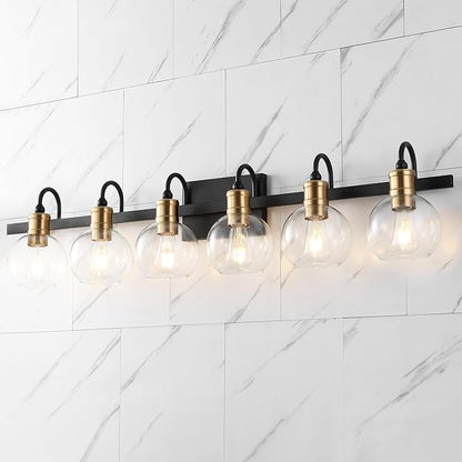 JONATHAN Y 44.25" Black/Brass Gold Vintage Wall Sconce, LED Vanity Light for Bathroom Bedroom Entryway, Clear Glass Globe Shade, Modern Industrial Arched Lamp, LED Bulb Included (JYL3557A)