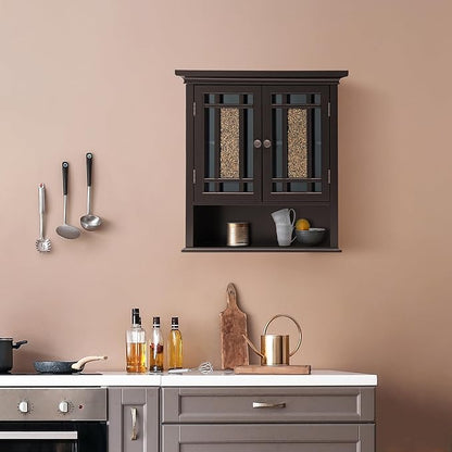 Teamson Home 2 Door Bathroom Wall Cabinet Windsor Collection with Crown Molding, Wall Mounted Over The Toilet Storage with Open Shelf & Decorative Glass Mosaic Details, Espresso