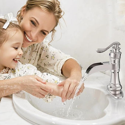 Brushed Nickel Bathroom Faucet Waterfall Single Hole Bathroom Sink Faucet | Brass Single Handle 1 Hole Farmhouse Faucets Lavatory Vanity with Overflow Pop Up Drain Parts by BATHLAVISH