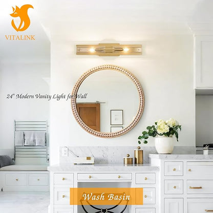 VitaLink Modern Bathroom Vanity Light Fixtures, 24-Inch Gold Modern Glass Bathroom Wall Lighting Fixtures Over Mirror Wall Mounting Lighting for Living Rooms Hallways Bedrooms