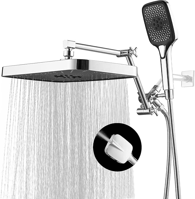 14 Inch Rain Shower Head with Handheld Spray Combo and Extention Arm, Rainfall Waterfall High Pressure Large Shower Heads, Dual Showerhead with 3-Way Diverter - Height/Angle Adjustable(Chrome)