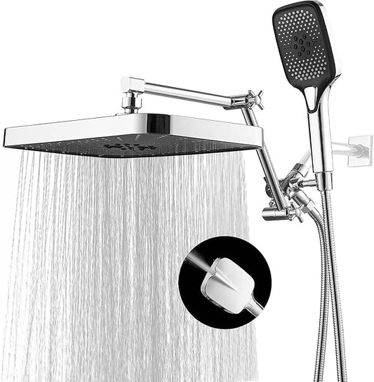 14 Inch Rain Shower Head with Handheld Spray Combo and Extention Arm, Rainfall Waterfall High Pressure Large Shower Heads, Dual Showerhead with 3-Way Diverter - Height/Angle Adjustable(Chrome)