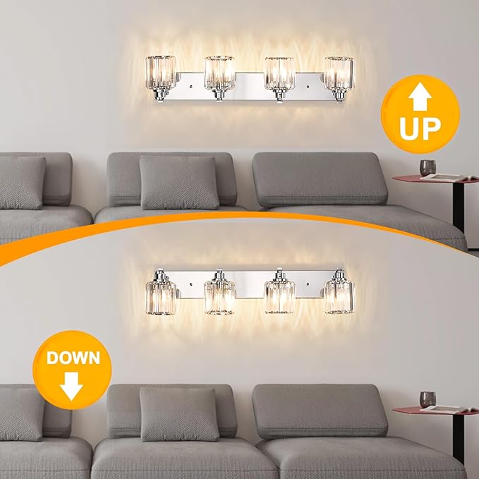 4 Lights Crystal Bathroom Vanity Light Modern Chrome Bathroom Light Fixture Bathroom Lighting Fixtures Over Mirror for Mirror E26 Base