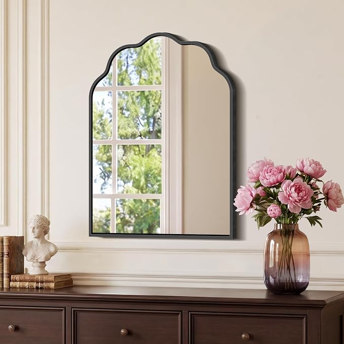 Arched Scalloped Mirror, 18×24Inch Black Mirror for Bathroom, Wavy Wall Mounted Vanity Mirror with Aluminum Alloy Frame for Livingroom Bedroom and Entryway, Tempered Glass