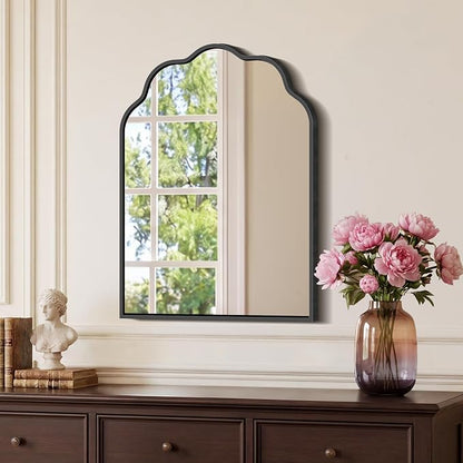 Arched Scalloped Mirror, 18×24Inch Black Mirror for Bathroom, Wavy Wall Mounted Vanity Mirror with Aluminum Alloy Frame for Livingroom Bedroom and Entryway, Tempered Glass