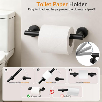 5 Piece Matte Black Bathroom Hardware Accessories Set, 24" Towel Bar Set | Bathroom Towel Rack Set with Wall Mounted SUS304 Stainless Steel , Double Post Toilet Paper Holder, Towel Ring & Robe Hooks