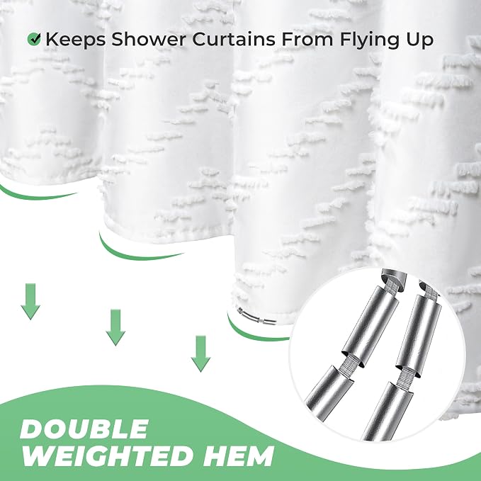 96inche Extra Long Shower Curtains 72 x 96 Inches White Tufted Chevron Striped Fabric Shower Curtains for Bathroom Modern Shabby Chic Waterproof Cloth Shower Curtain, White