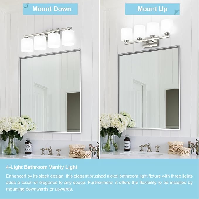 Honesorn 4-Light Bathroom Light Fixtures Over Mirror, Brushed Nickel | Bathroom Light with Milky White Frosted Shades, Anti-Rust Finish, E26 Socket(Bulbs Not Included)
