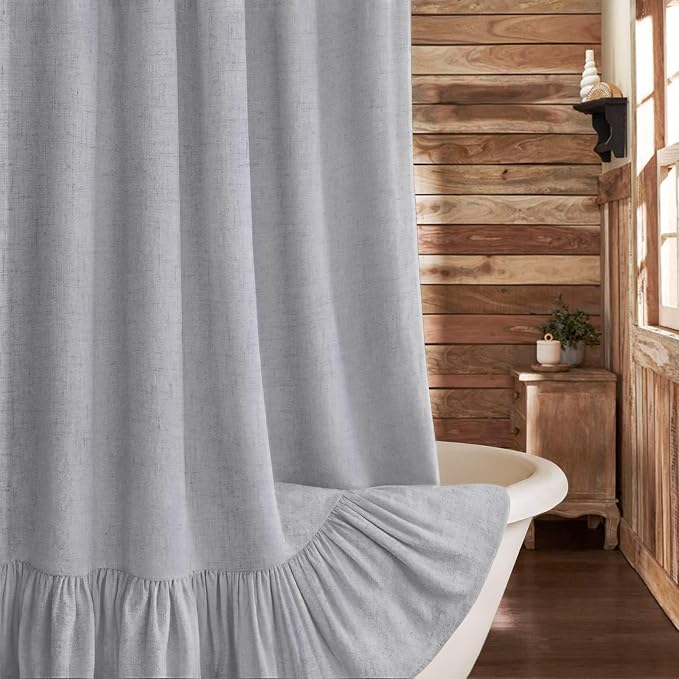 Farmhouse Shower Curtain Ruffle Linen Flax Grey 72" W x 72" L | Linen Fabric, Farmhouse Boho, Bottom Ruffle, Rustic, Country, Natural Look, Washable, Shower Curtain for Bathroom Bathtub