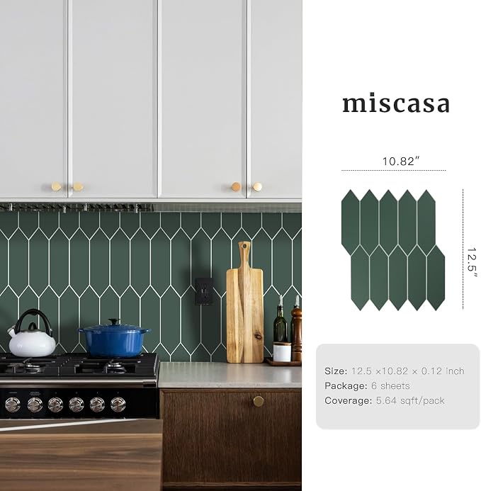 Peel and Stick Olive Long Hexagon Tile| Elongated Hexagon Self Adhesive Mosaic Wall Tiles| Stick On Kitchen Backsplash Wall Tiles|6-Sheet