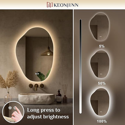 Keonjinn 22 x 30 Inch Asymmetrical Backlit Bathroom Mirror with Lights, LED Irregular Mirror with HD Tempered Glass, UL-Listed LED Driver, 3 Color Lights, Dimmable, Memory Function, Safe Defogging