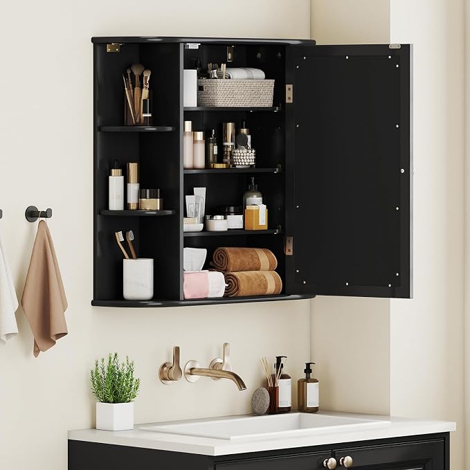 GIANTEX Bathroom Mirror Cabinet (Black) | Wall Mounted Medicine Cabinet with Mirrored Door & 4 Interior Shelves, 6 Open Shelves, Space-saving Storage Cabinet