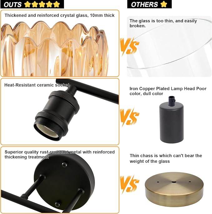 Bathroom Light Fixtures, 5-Light Brushed Black Vanity Lights for Bathroom with Amber Tulip Glass Shade, 30" Vintage Bathroom Vanity Lighting Fixtures Over Mirror for Bedroom Living Room Hallway