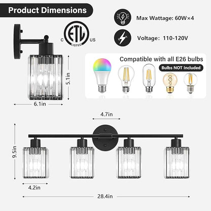 4 Light Bathroom Light Fixtures, Modern Crystal Vanity Lights over Mirror | Metal Frame, Bathroom Light with Square Crystal Shade, ETL Certified, E26 Ceramic Socket, Bulbs Not Included