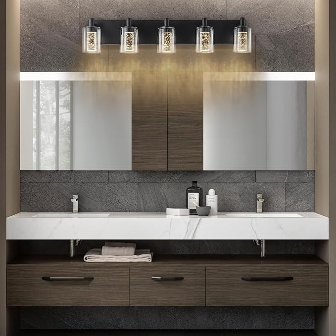 SineRise Vanity Light with 3 Color Modes (3000K/4000K/6000K), Eye Protection LED Bathroom Light Fixture, Dimmable Modern Wall Light Over Mirror with Clear Glass Shade (Black, 5-Light)