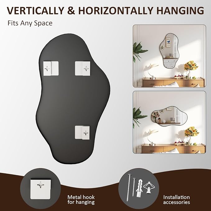 Irregular Wall Mirror, 18"x32" Asymmetrical Mirror with Metal Frame, Decorative Wall Mirror for Entryway Bathroom Living Room Bedroom, Horizontal or Vertical Hanging