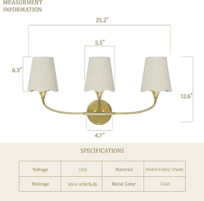 Morauroral Bathroom Light Fixtures, 3 Light Gold Vanity Light for Bathroom, Modern Sconce Wall Light with Scalloped Linen Fabric Shade, Rustic Vanity Light Fixtures for Mirror, Living Room(ETL Listed)