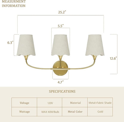 Morauroral Bathroom Light Fixtures, 3 Light Gold Vanity Light for Bathroom, Modern Sconce Wall Light with Scalloped Linen Fabric Shade, Rustic Vanity Light Fixtures for Mirror, Living Room(ETL Listed)