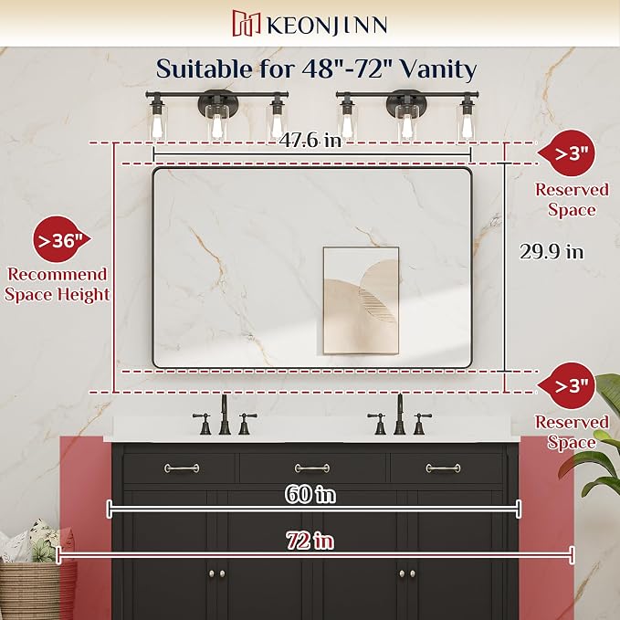 Keonjinn 48 x 30 Inch Brushed Gold Bathroom Vanity Mirror, Aluminum Frame | HD Tempered Glass, Brass Bathroom Mirrors for over Sink, Anti-Rust Aluminum Frame, Rounded Rectangle, French Cleat Mount