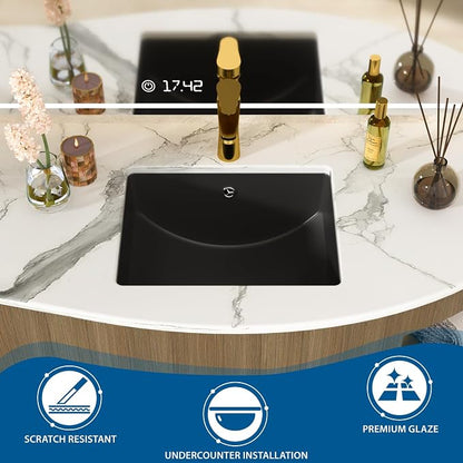 Black Undermount Bathroom Sink 18"x14"Ceramic Basin | Modern Porcelain Under Counter Bathroom Vanity Sink, Interior Bowl 16.3"x 16.9", Rectangular Undermount Basin with Overflow