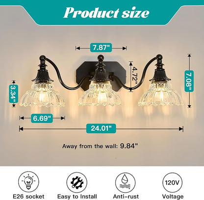 hesoge Farmhouse Bathroom Light Fixture Vintage Vanity Light with Crystal Glass Shade Black 3 Light Wall Mount Lamp Over Mirror