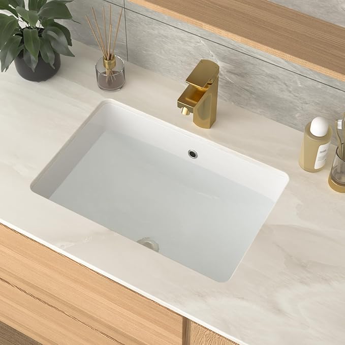 Undermount Bathroom Sink Rectangle 21x14 Inch White Rectangular Porcelain Ceramic Vessel Sink with Overflow, Under Counter Lavatory Vanity