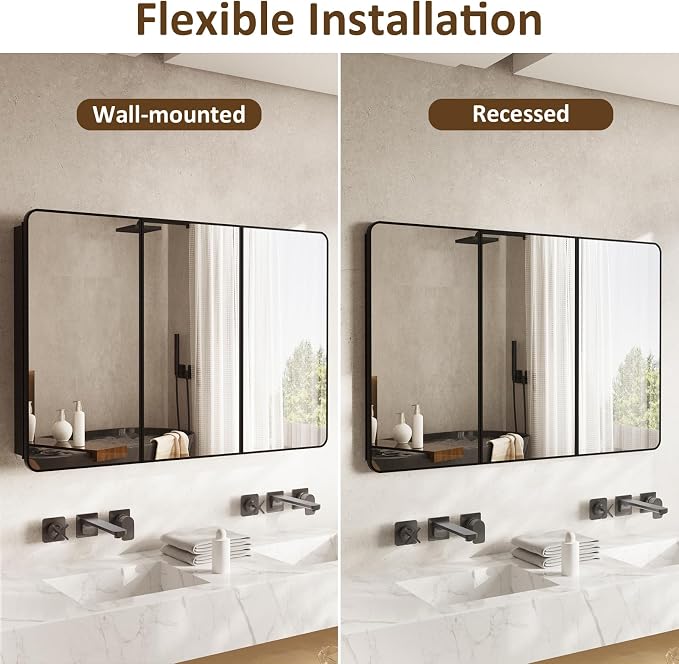 Medicine Cabinet Mirror 48x32 Inch, Triple-Door Bathroom Mirror Cabinet with Glass Adjustable Shelves, 3-Compartment Bathroom Mirror with Storage Recessed or Wall Mount