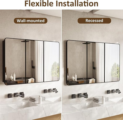 Medicine Cabinet Mirror 48x32 Inch, Triple-Door Bathroom Mirror Cabinet with Glass Adjustable Shelves, 3-Compartment Bathroom Mirror with Storage Recessed or Wall Mount
