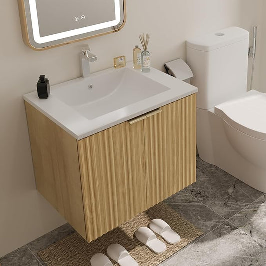 Modern Bathroom Vanity with Wavy Textured Doors - Wall Mounted Floating Cabinet, Soft-Close Waterproof Storage for Small Bathroom, Easy Install (Nature Without Sink, 24)