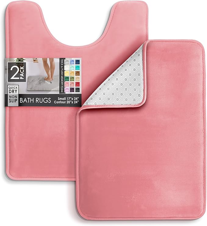 Clara Clark 2 Piece Bathroom Rugs, Velvet Memory Foam Bath Mat Set, Non-Slip Bath Rugs, Machine Wash, Dries Quickly, Ultra Soft Plush Bath Mats for Bathroom, 17 x 24 + Contour, Coral Pink