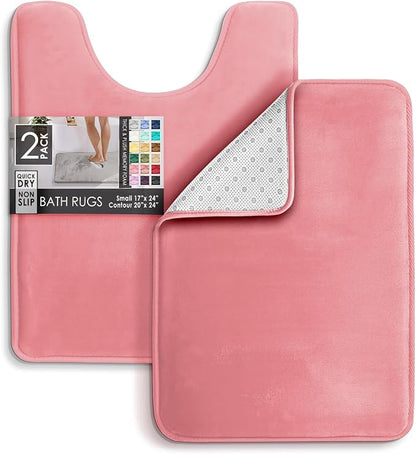 Clara Clark 2 Piece Bathroom Rugs, Velvet Memory Foam Bath Mat Set, Non-Slip Bath Rugs, Machine Wash, Dries Quickly, Ultra Soft Plush Bath Mats for Bathroom, 17 x 24 + Contour, Coral Pink