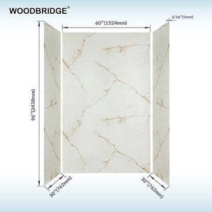 Woodbridge 60" W x 96" H 3-Piece Solid Surface Tile Tub and Shower Wall Panel Surround Kit in Beige Marble with Soft Brown Veining (High Gloss Finish), Quick Install and Trimmable, 3/16" (5mm) Thick