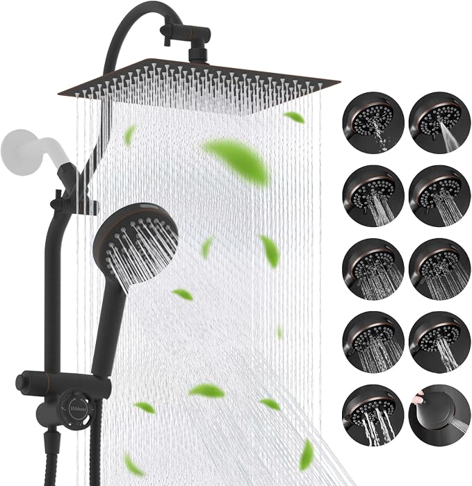 Hibbent High Pressue All Metal 12" Rainfall Shower Head, Handheld 10-Spray | cUPC Certified Oil-Rubbed Bronze Dual Showerhead Combo, 4-way Diverter with Pause Mode, Extension Arm, 71'' Hose & Holder