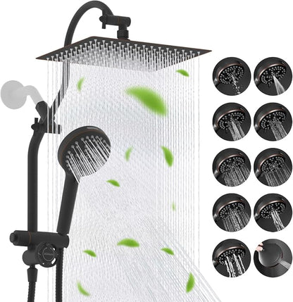 Hibbent High Pressue All Metal 12" Rainfall Shower Head, Handheld 10-Spray | cUPC Certified Oil-Rubbed Bronze Dual Showerhead Combo, 4-way Diverter with Pause Mode, Extension Arm, 71'' Hose & Holder