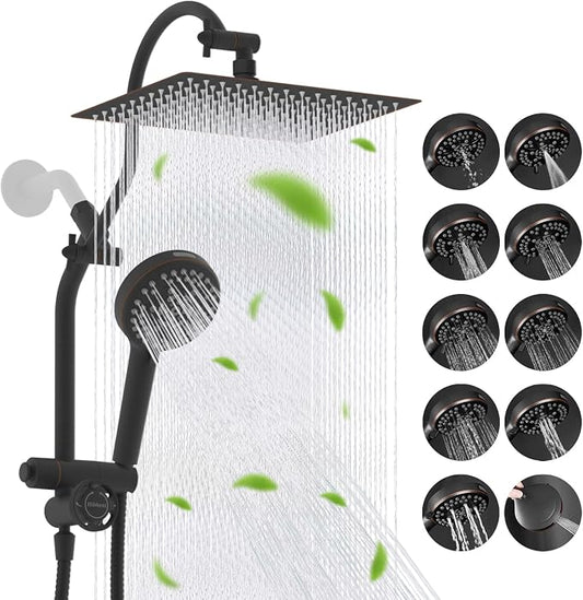 Hibbent High Pressue All Metal 12" Rainfall Shower Head, Handheld 10-Spray | cUPC Certified Oil-Rubbed Bronze Dual Showerhead Combo, 4-way Diverter with Pause Mode, Extension Arm, 71'' Hose & Holder
