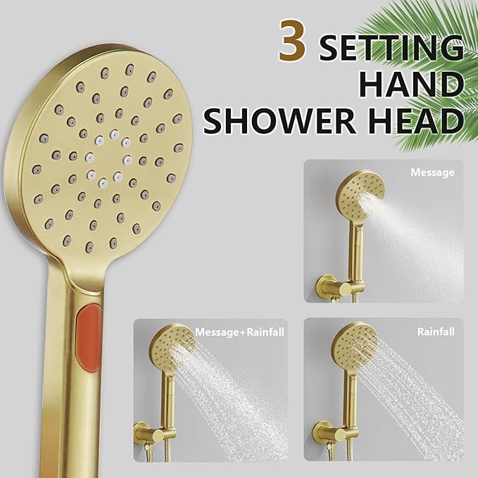 Tohlar Gold Shower Faucet System, High Pressure 10 Inches Rain Shower Head and 3-Setting handheld Spray Combo, Wall Mounted Shower Head and Handle Set, Valve Body and Trim Included