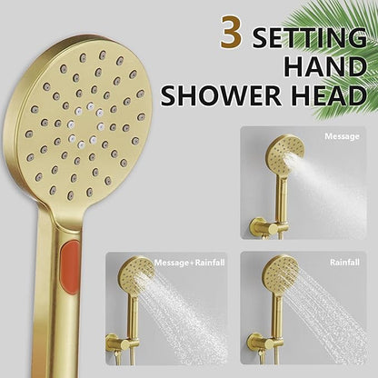 Tohlar Gold Shower Faucet System, High Pressure 10 Inches Rain Shower Head and 3-Setting handheld Spray Combo, Wall Mounted Shower Head and Handle Set, Valve Body and Trim Included