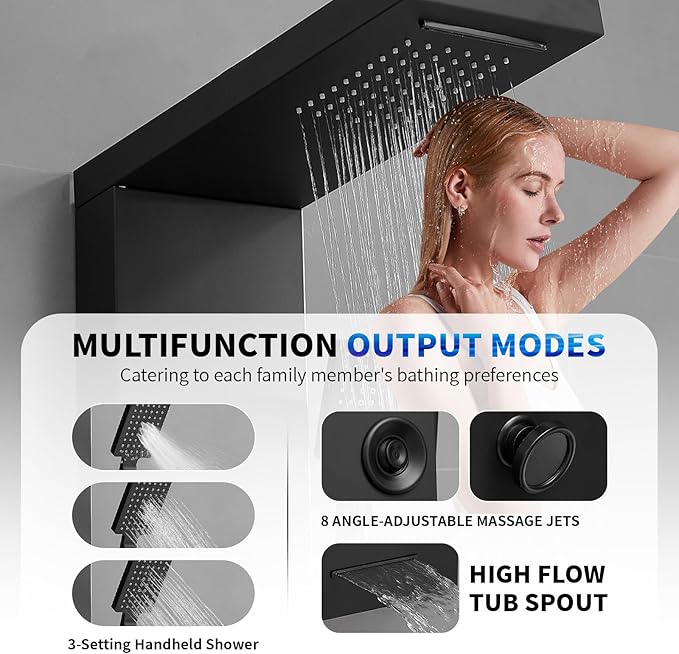 BWE Stainless Steel Shower Panel Tower System,Rainfall Waterfall Shower Head,3 Functions Handheld Shower Head,Two Modes Massage Body Jets,with Tub Spout,5 in 1 Shower Panel System,Matte Black