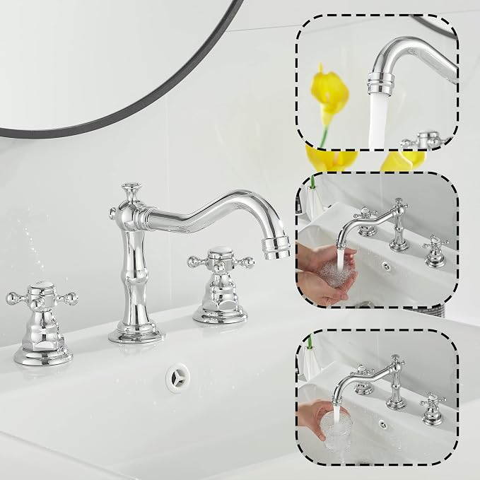2 Handles 3 Holes Faucet Widespread Bathroom Sink Faucet Chrome Basin Mixer Tap Matching Pop Up Drain with Overflow
