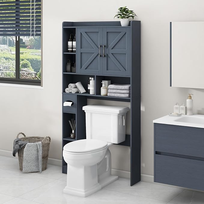 Vabches Over The Toilet Storage Cabinet with 2 Barn Doors, Blue | Farmhouse Storage Cabinet with Toilet Paper Holder Stand，Home Space-Saving Toilet Rack, for Bathroom, Restroom, Laundry